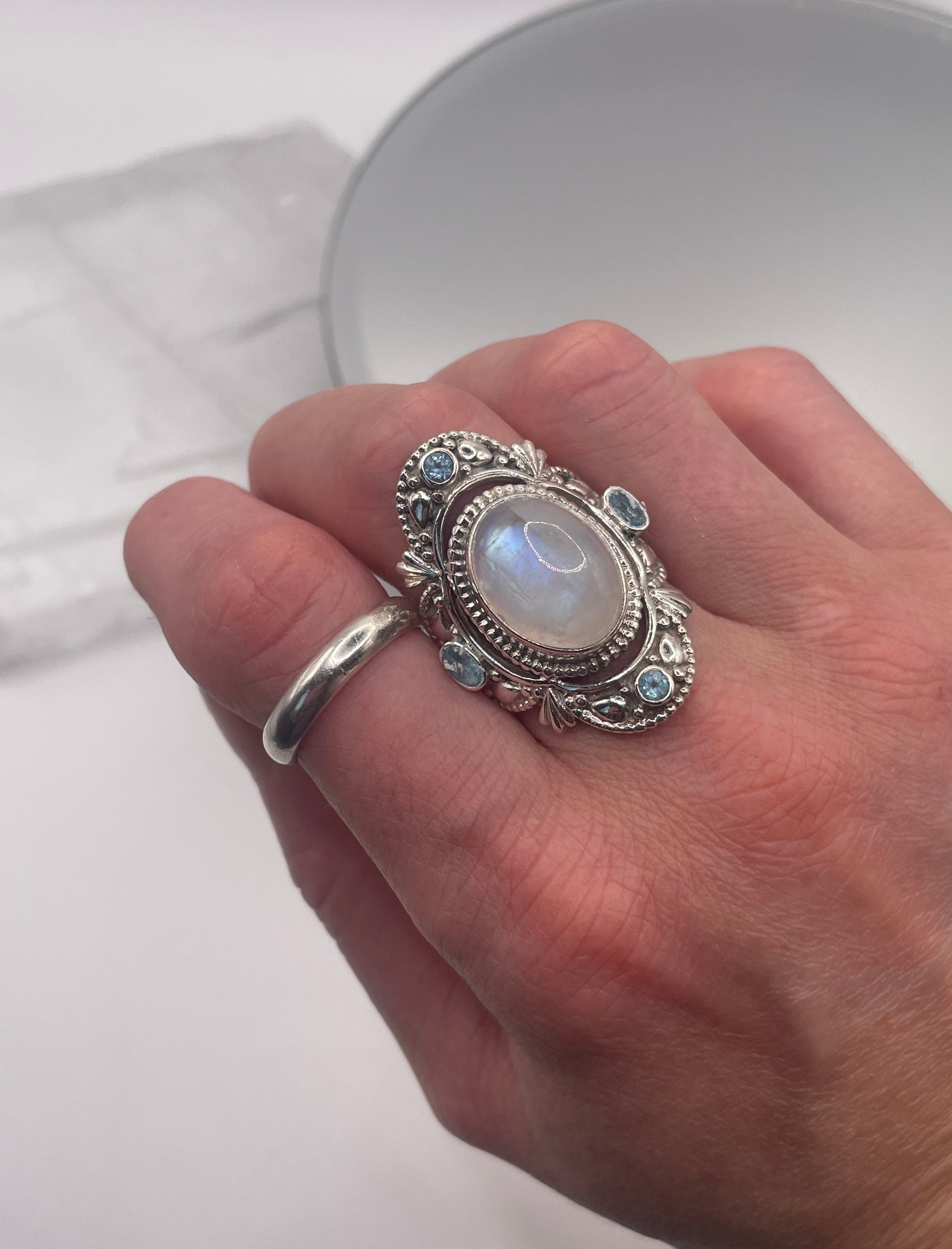 Sterling Silver Moonstone + Blue Topaz Statement Ring