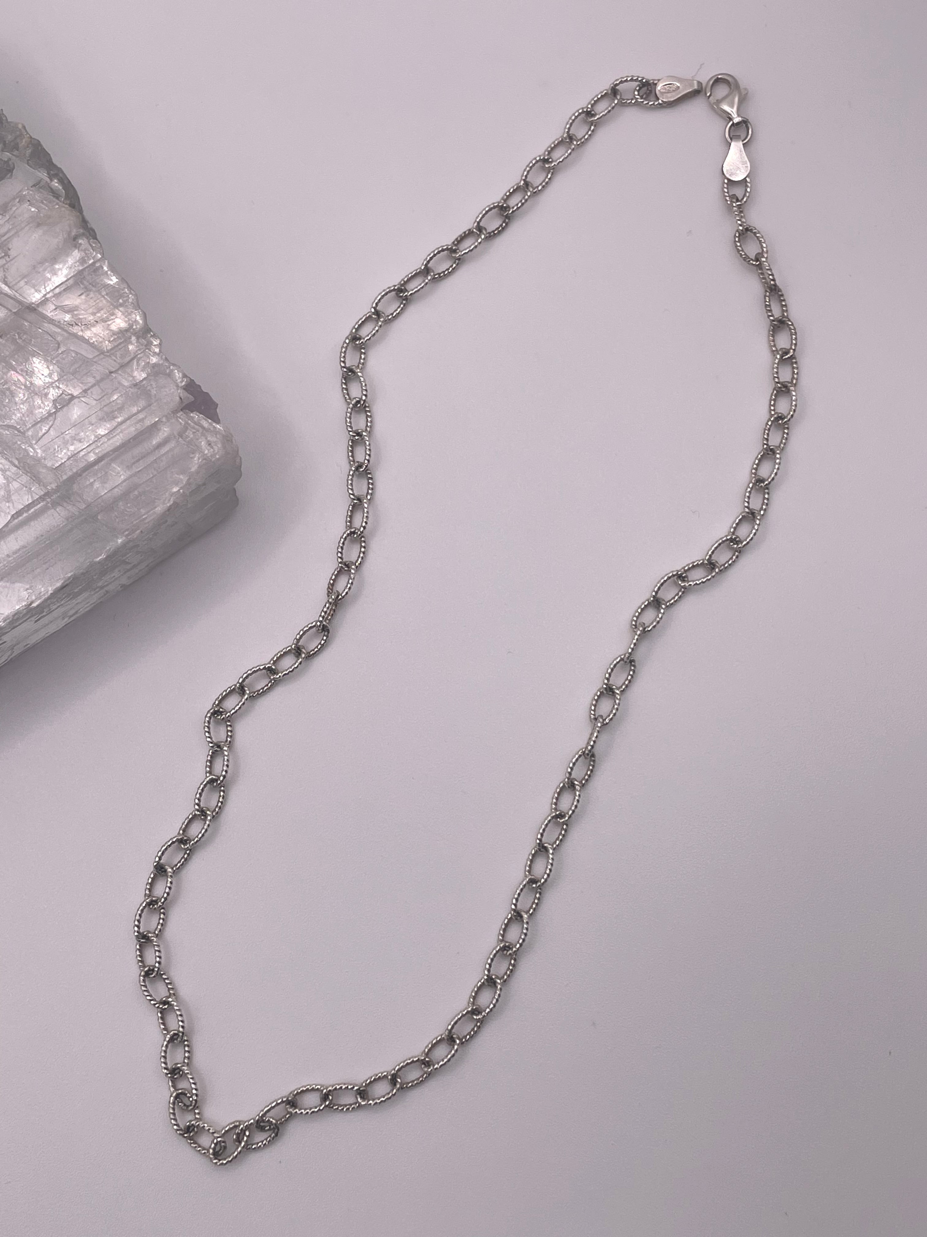 Italian Silver Oval Link Necklace Textured Chain