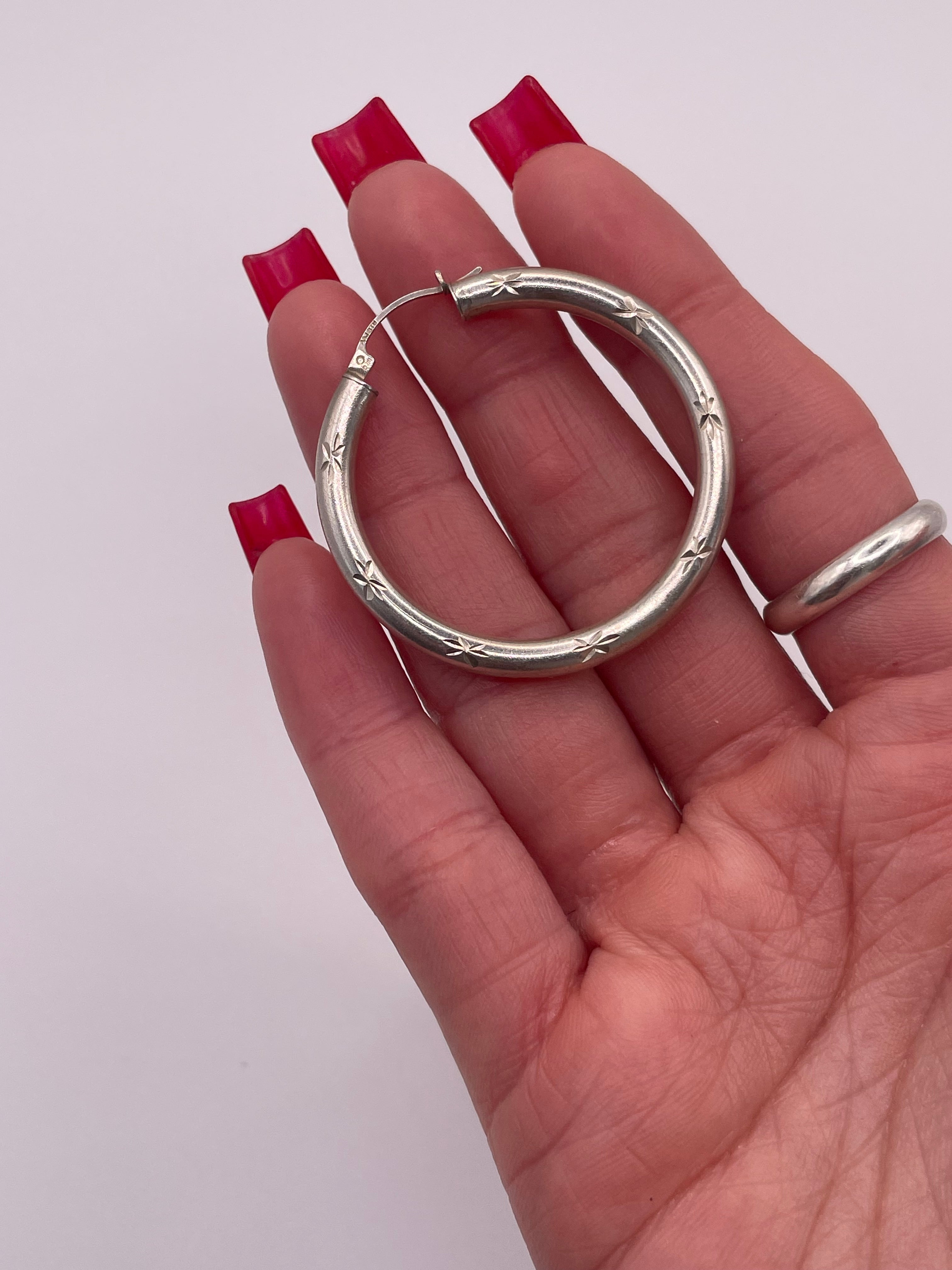 Sterling Silver Star Etched Chunky Hoops