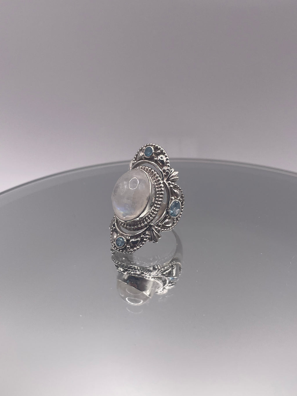 Sterling Silver Moonstone + Blue Topaz Statement Ring