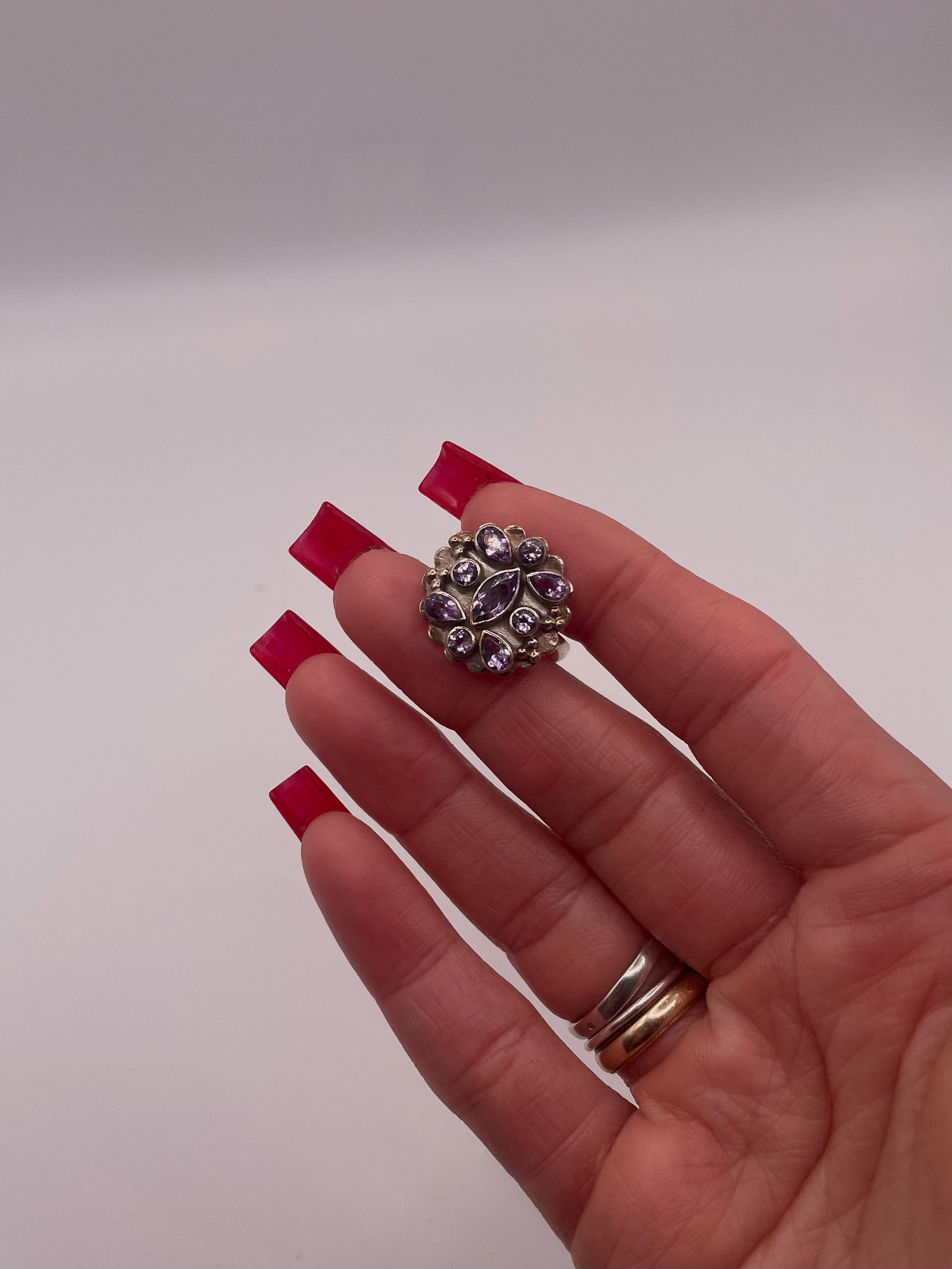 Sterling Silver Amethyst Floral Cluster Ring