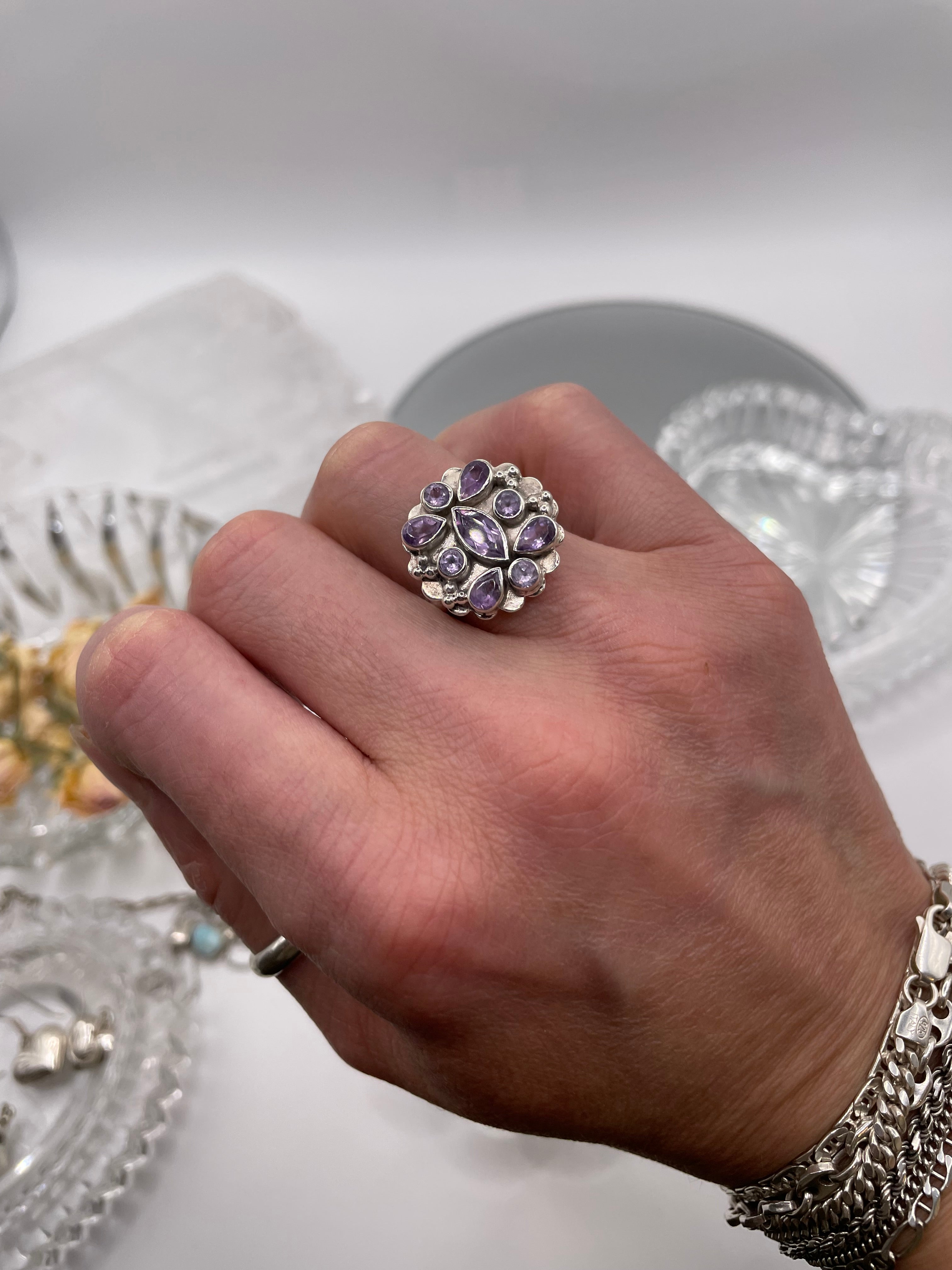 Sterling Silver Amethyst Floral Cluster Ring