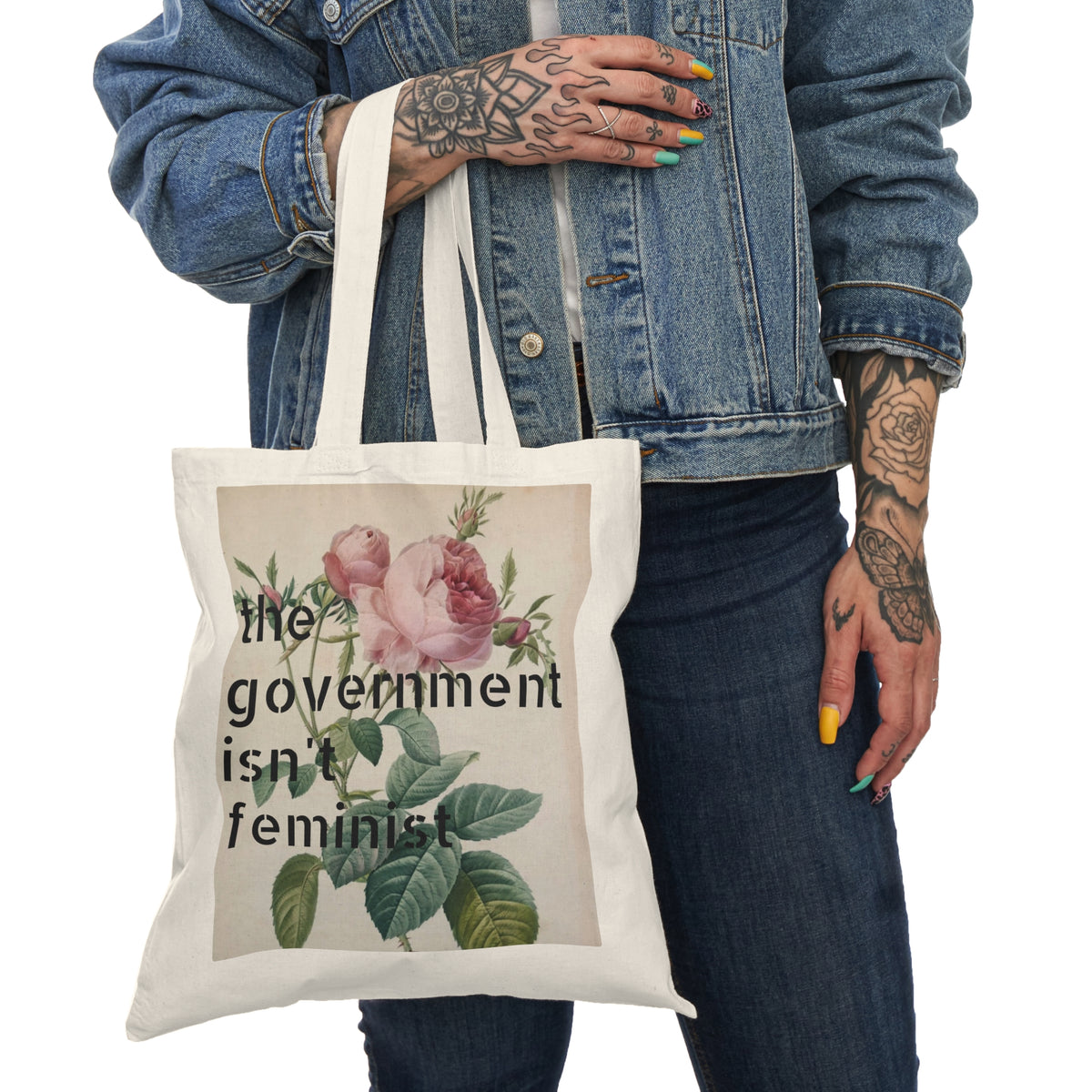 Tote Bag — Feminist Rose Canvas Tote (“the government isn’t feminist”)