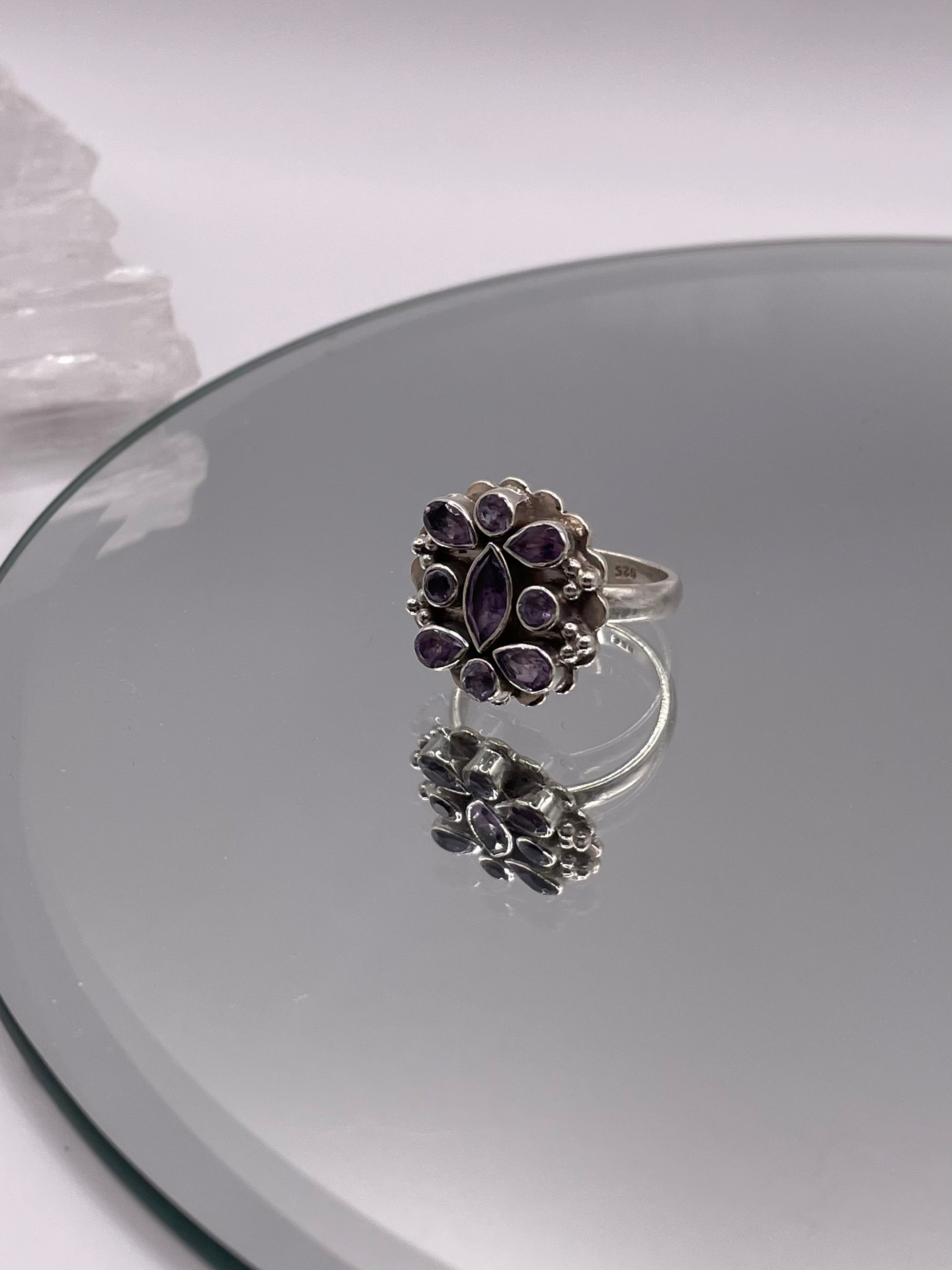 Sterling Silver Amethyst Floral Cluster Ring