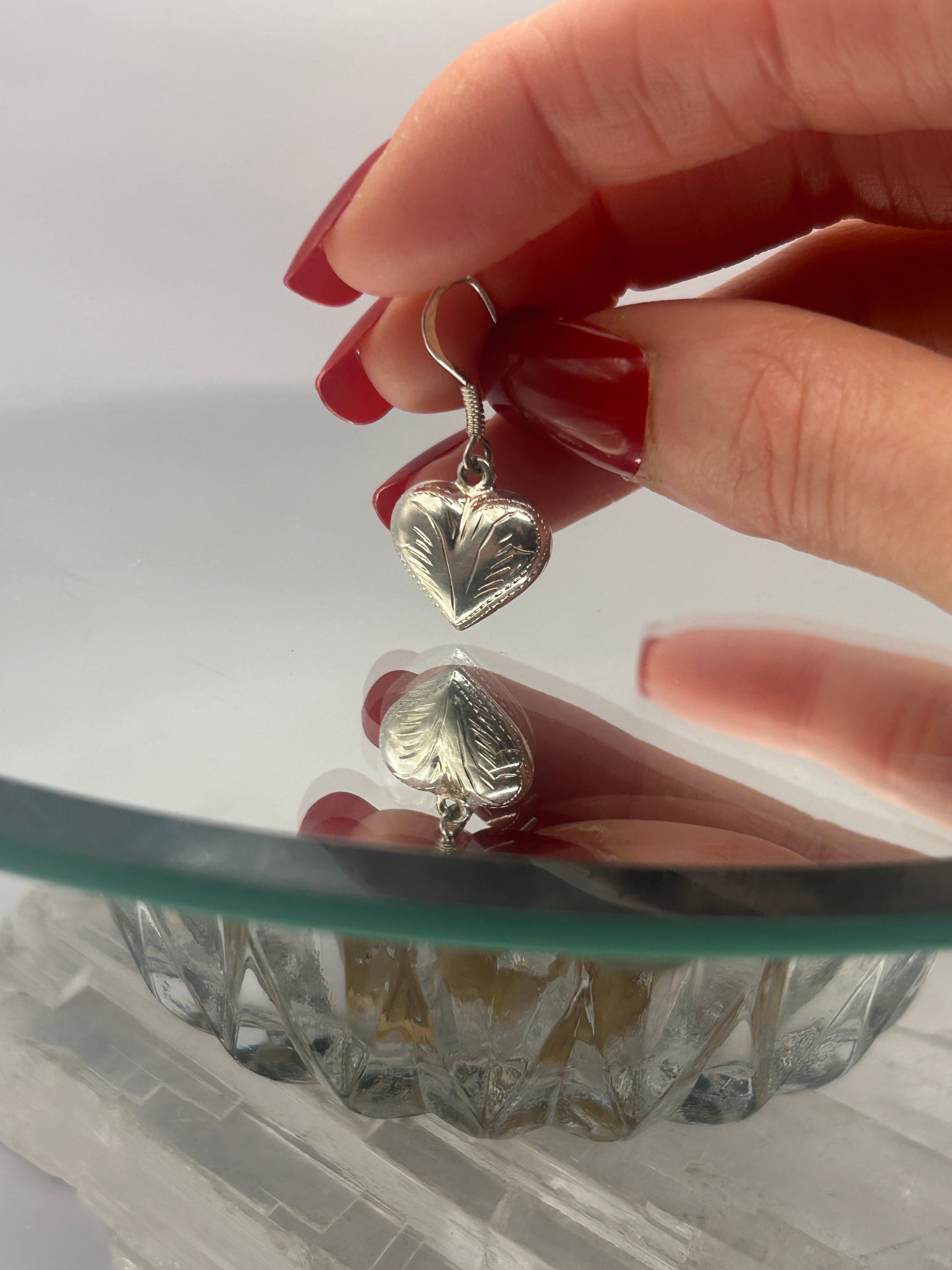 Sterling Silver Etched Vintage Heart Earrings