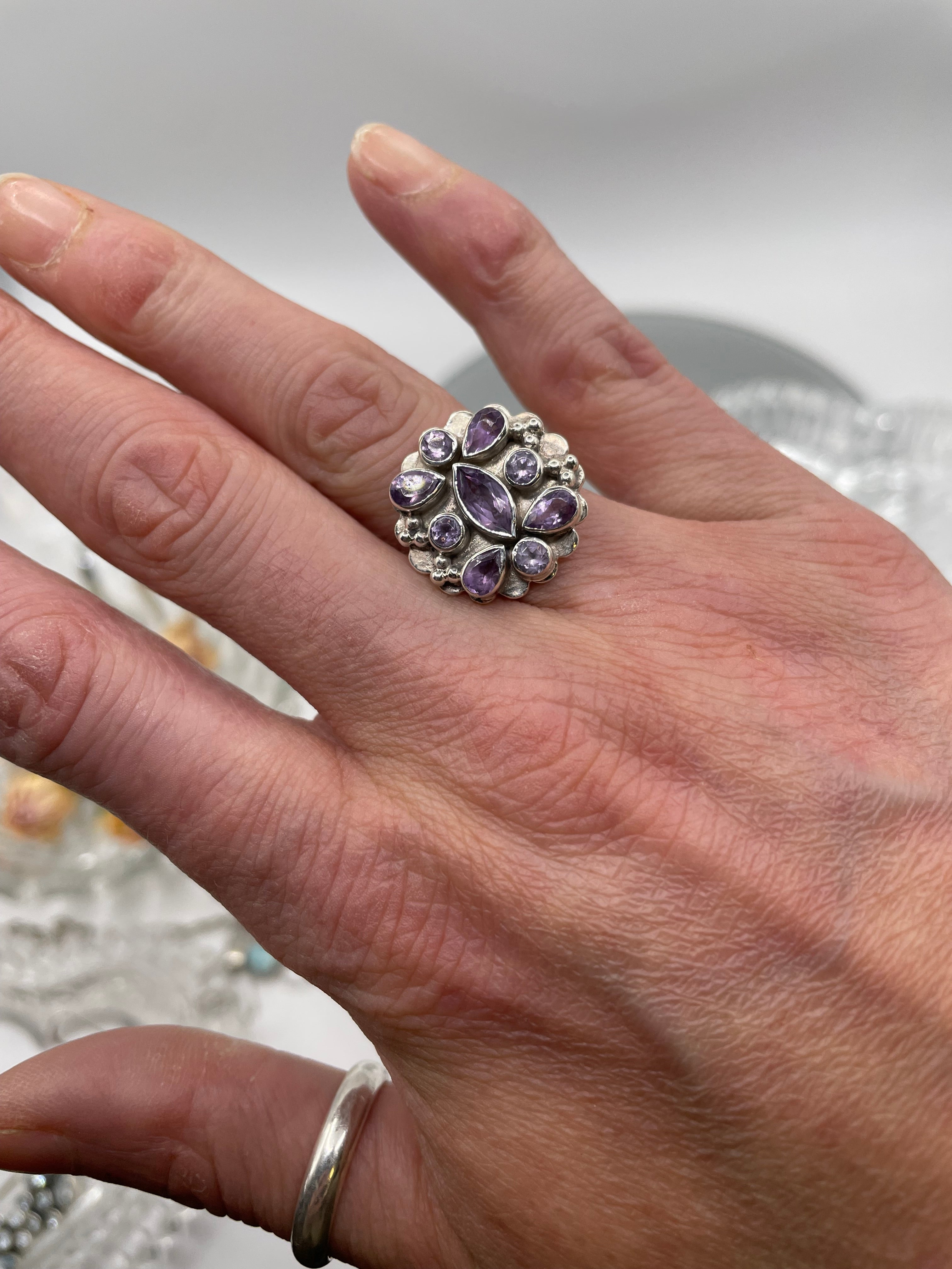 Sterling Silver Amethyst Floral Cluster Ring