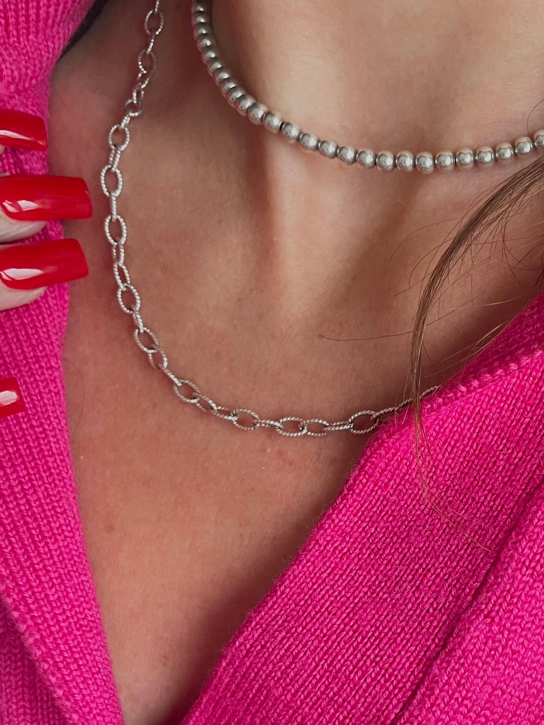 Italian Silver Oval Link Necklace Textured Chain