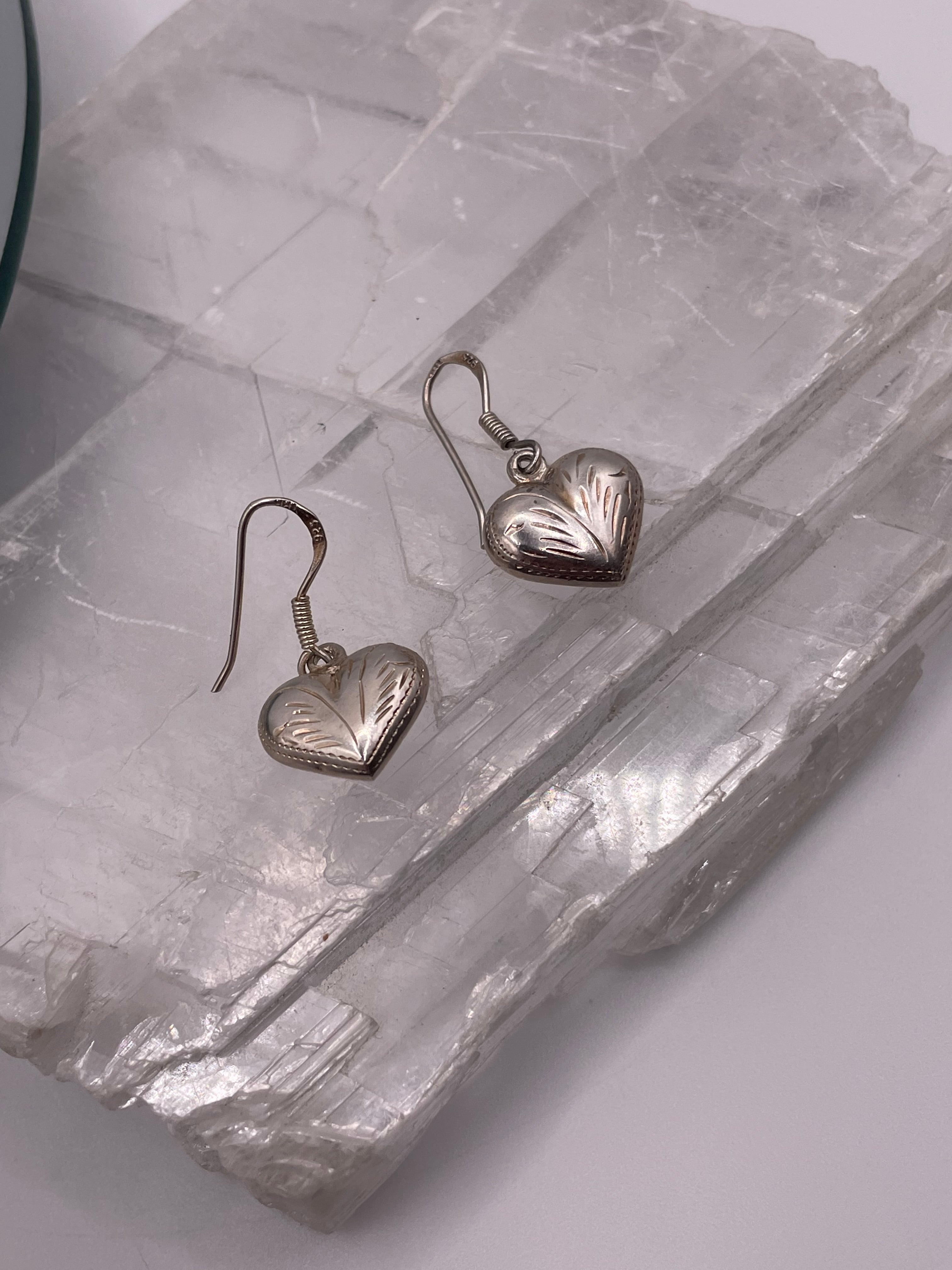 Sterling Silver Etched Vintage Heart Earrings