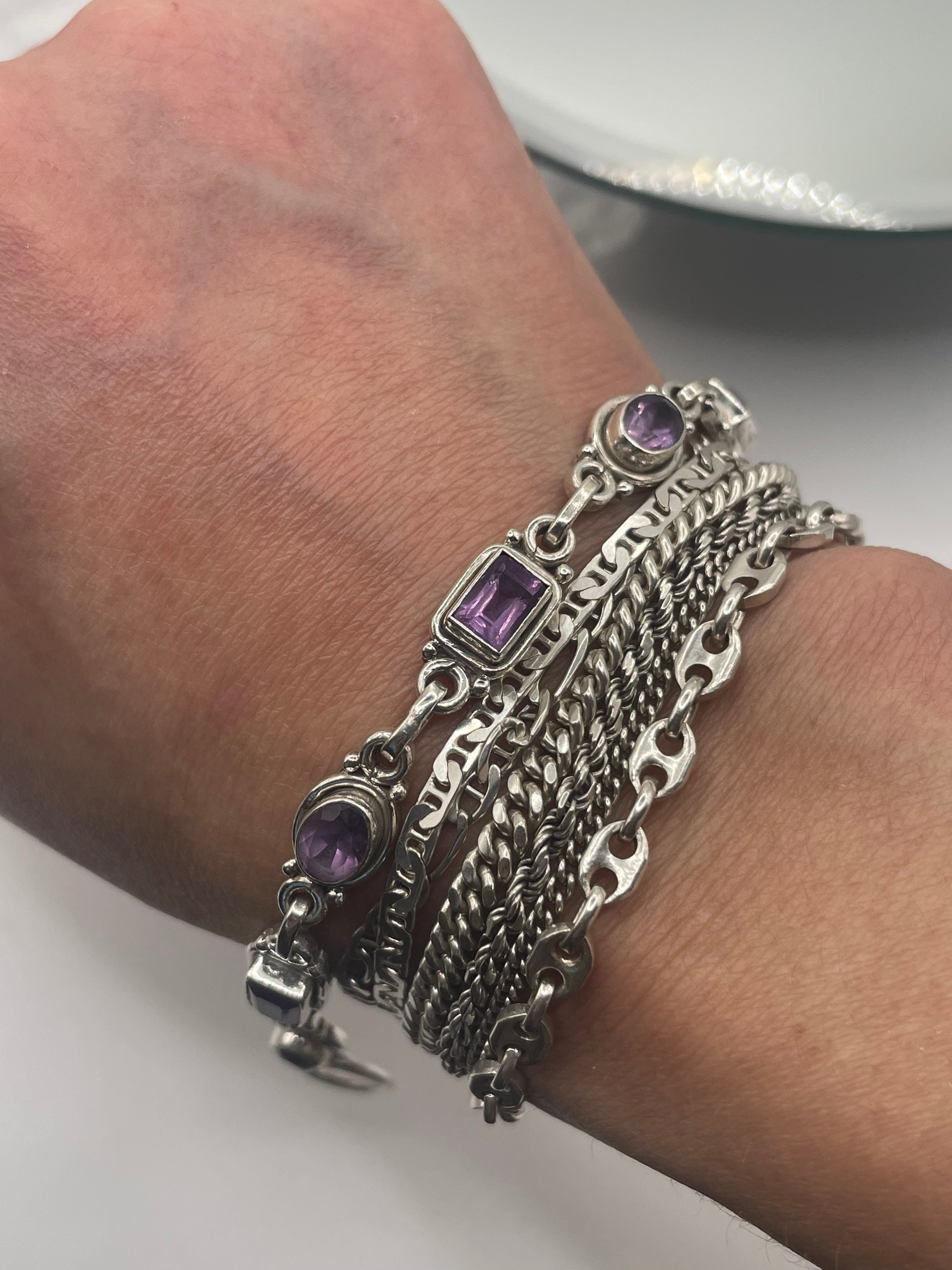 Sterling Silver Amethyst Link Bracelet Toggle Clasp