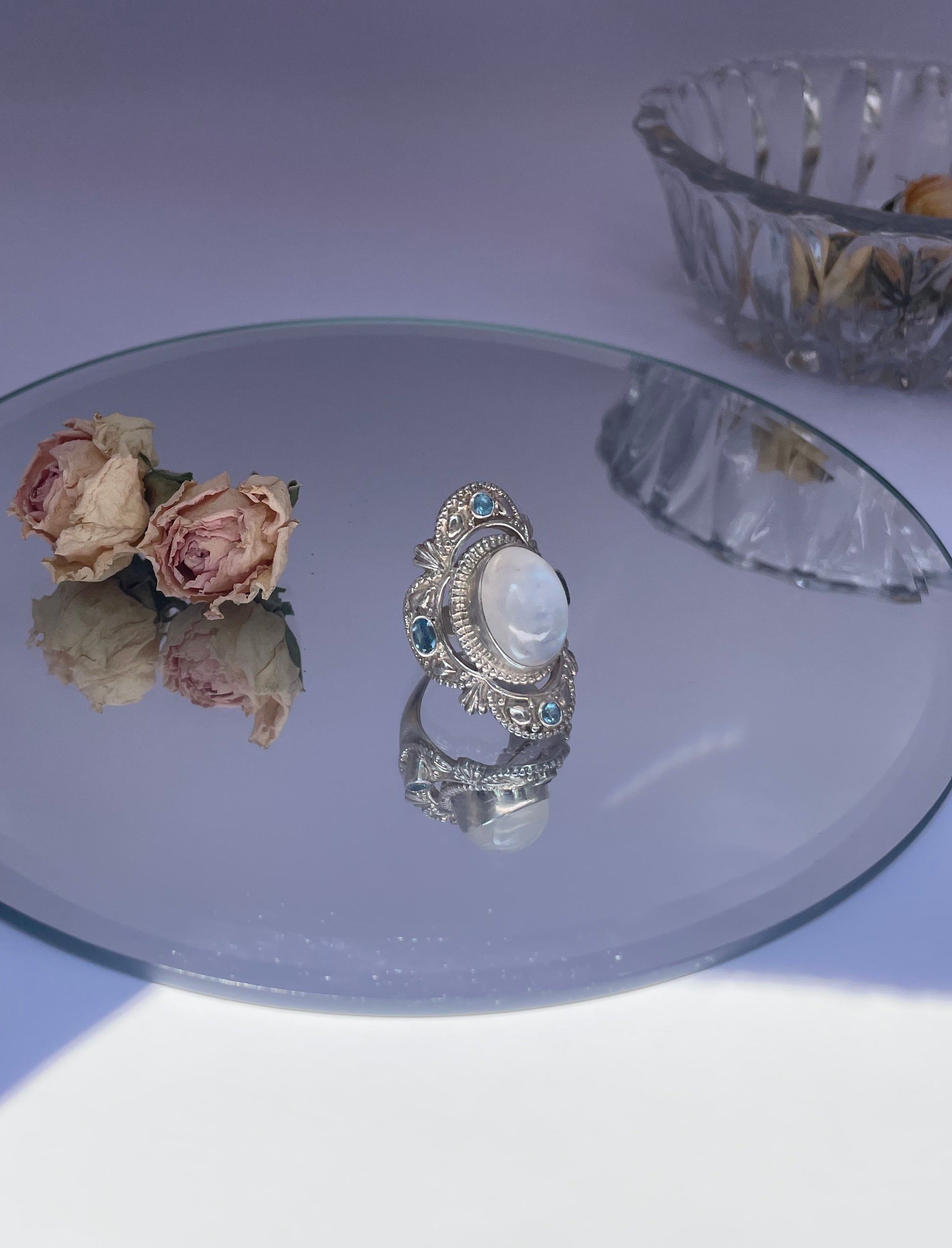 Sterling Silver Moonstone + Blue Topaz Statement Ring