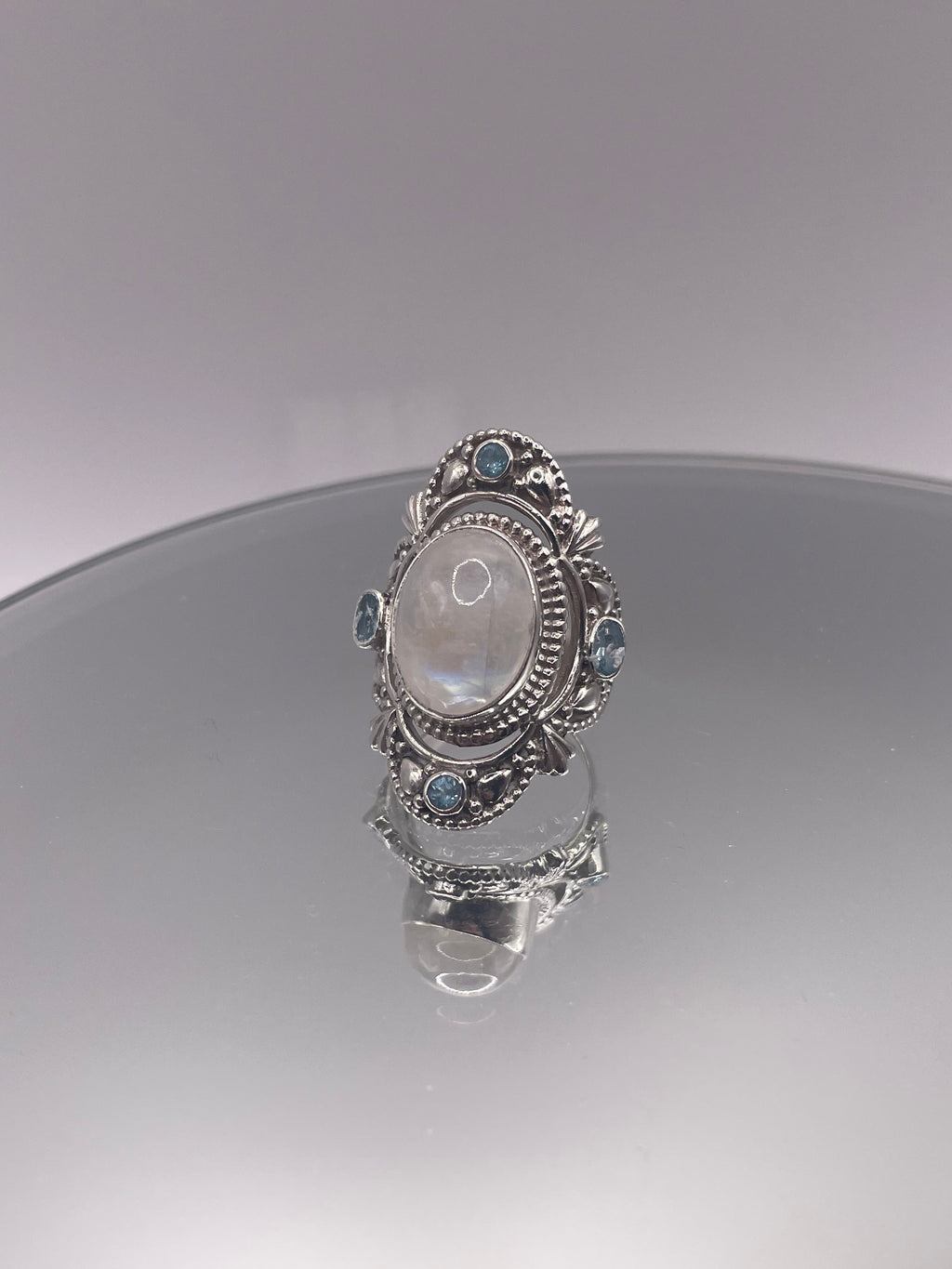 Sterling Silver Moonstone + Blue Topaz Statement Ring
