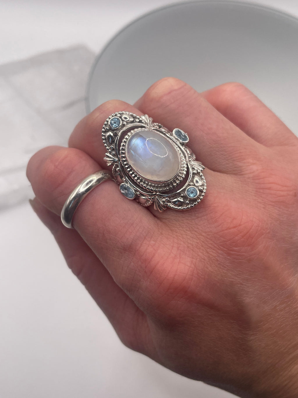 Sterling Silver Moonstone + Blue Topaz Statement Ring