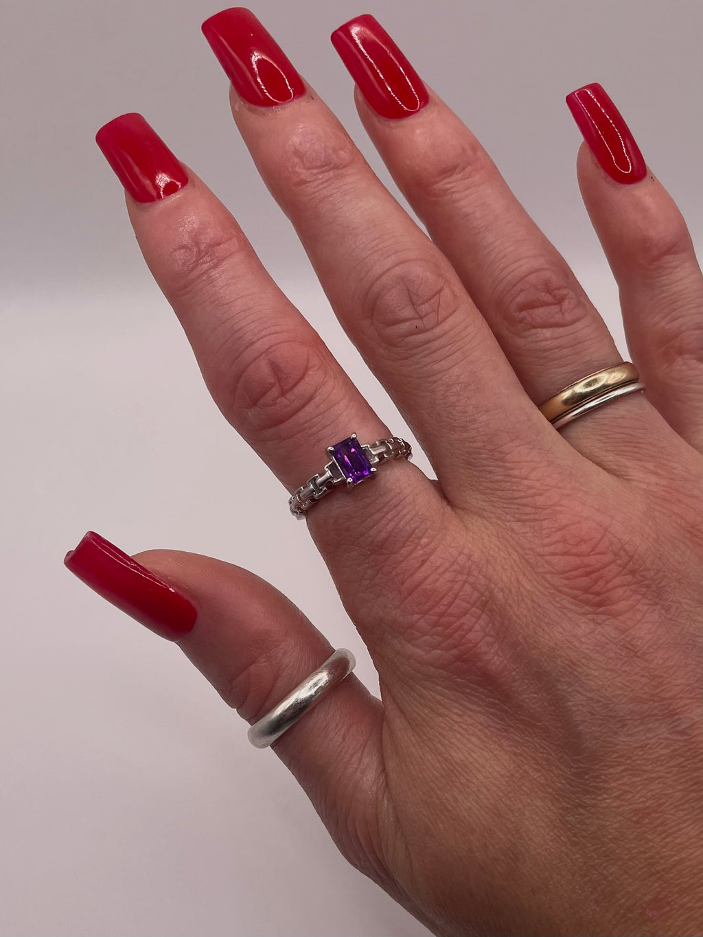 Sterling Silver Amethyst Chain Link Ring
