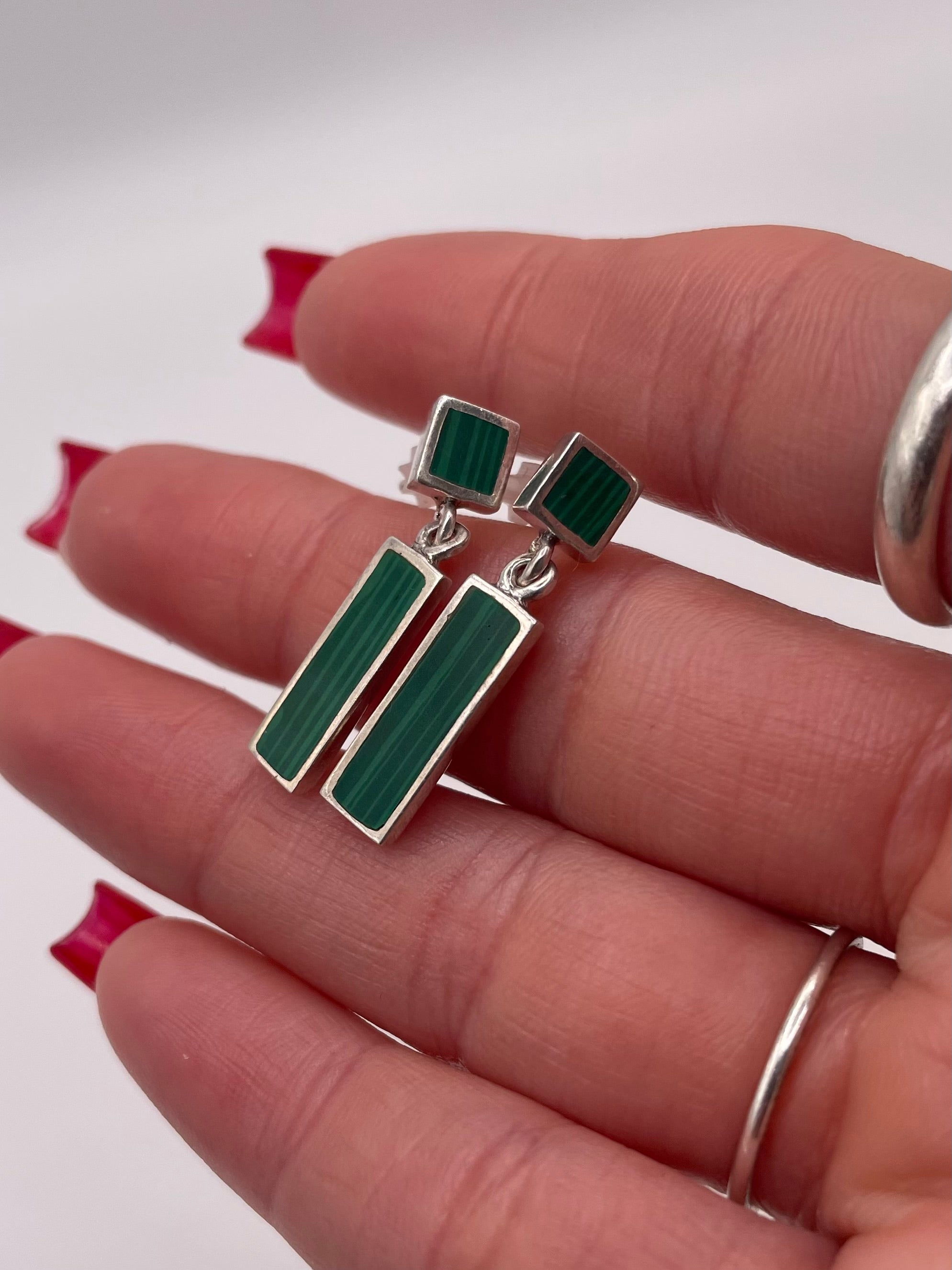 Sterling Silver Malachite Inlay Drop Earrings