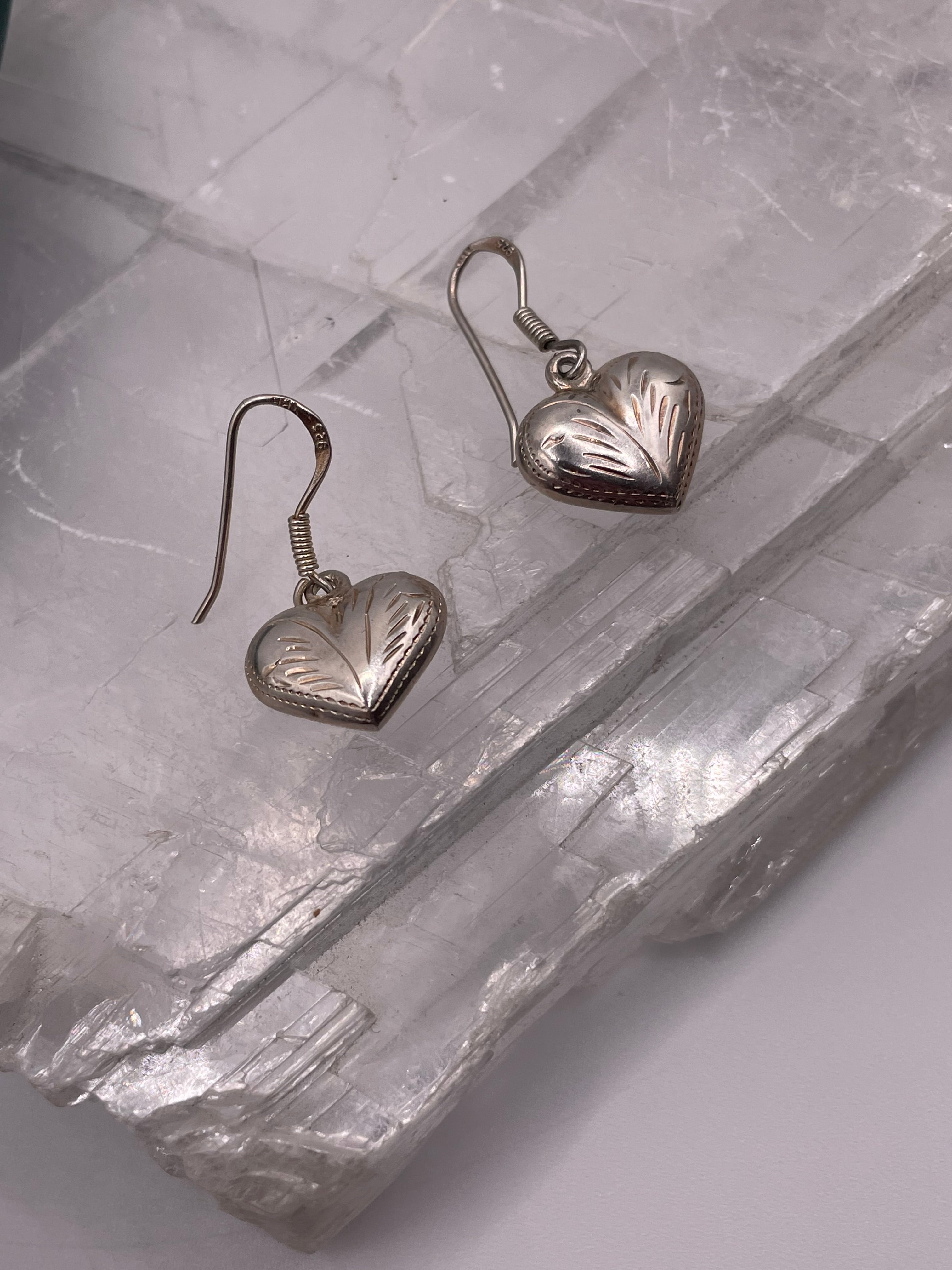 Sterling Silver Etched Vintage Heart Earrings