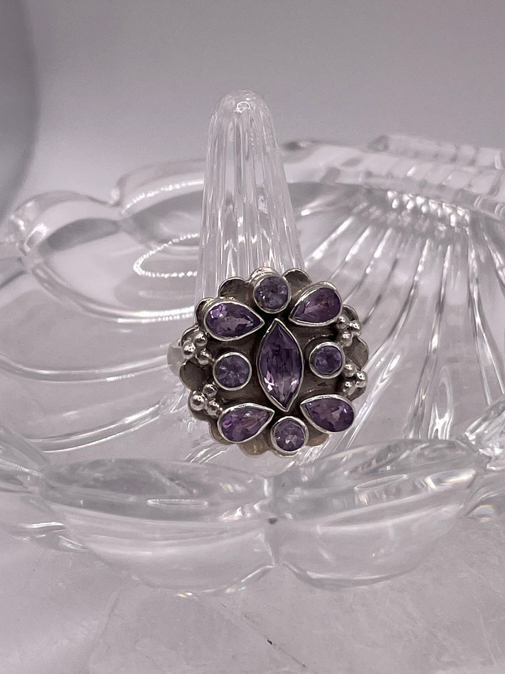 Sterling Silver Amethyst Floral Cluster Ring