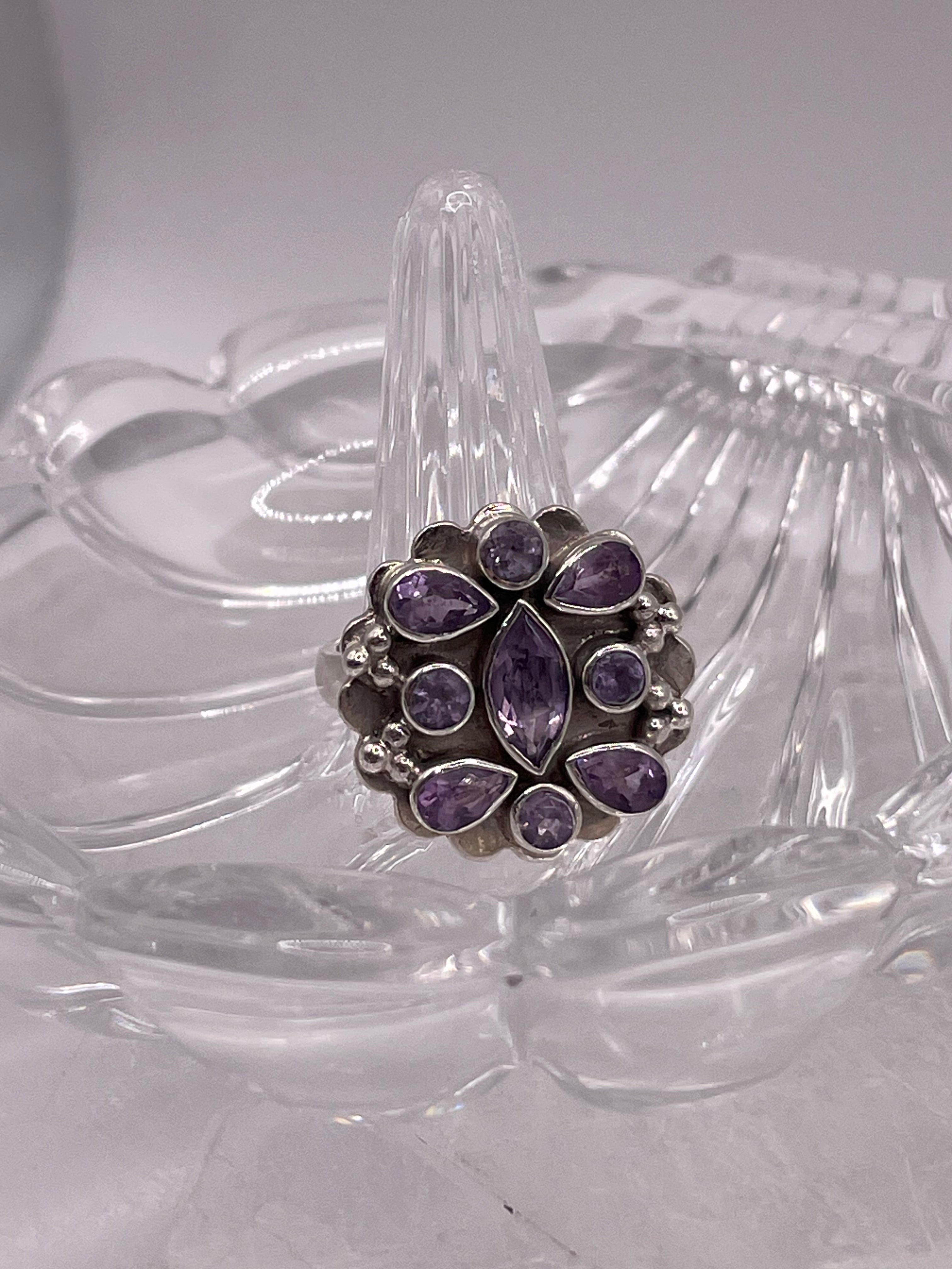 Sterling Silver Amethyst Floral Cluster Ring