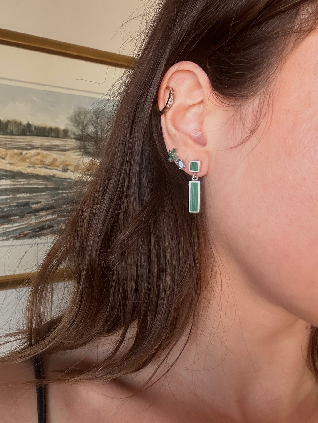 Sterling Silver Malachite Inlay Drop Earrings