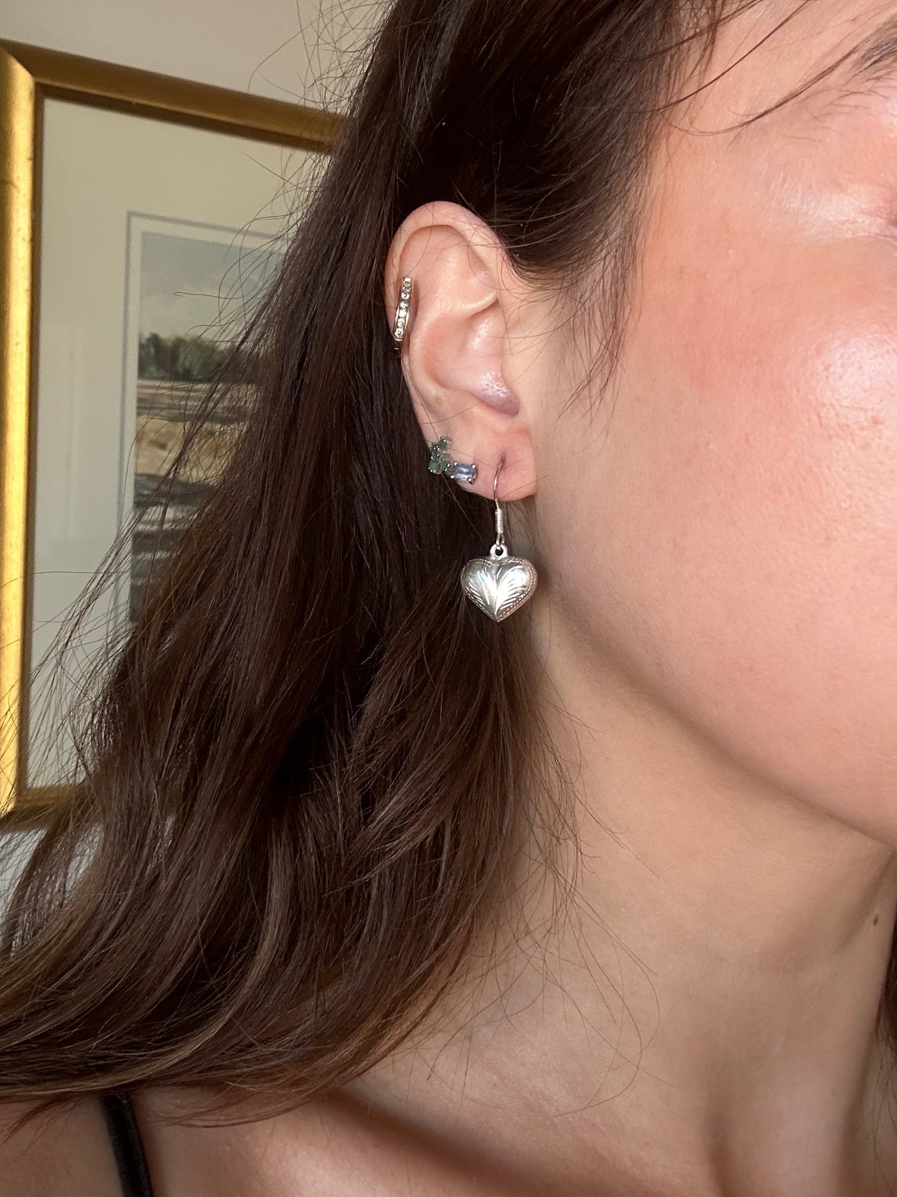 Sterling Silver Etched Vintage Heart Earrings