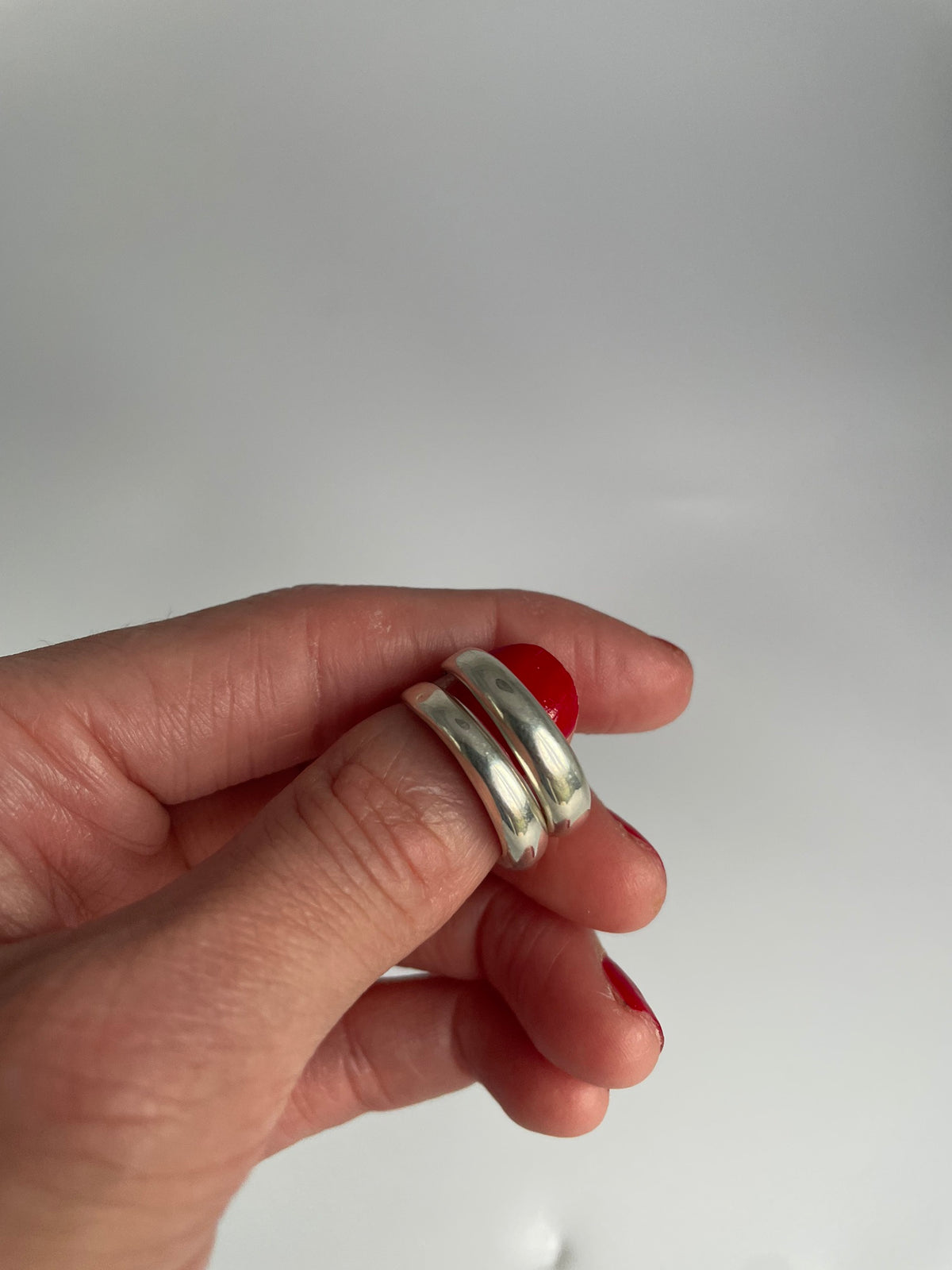 Stacked look silver ring with two rounded high polish bands